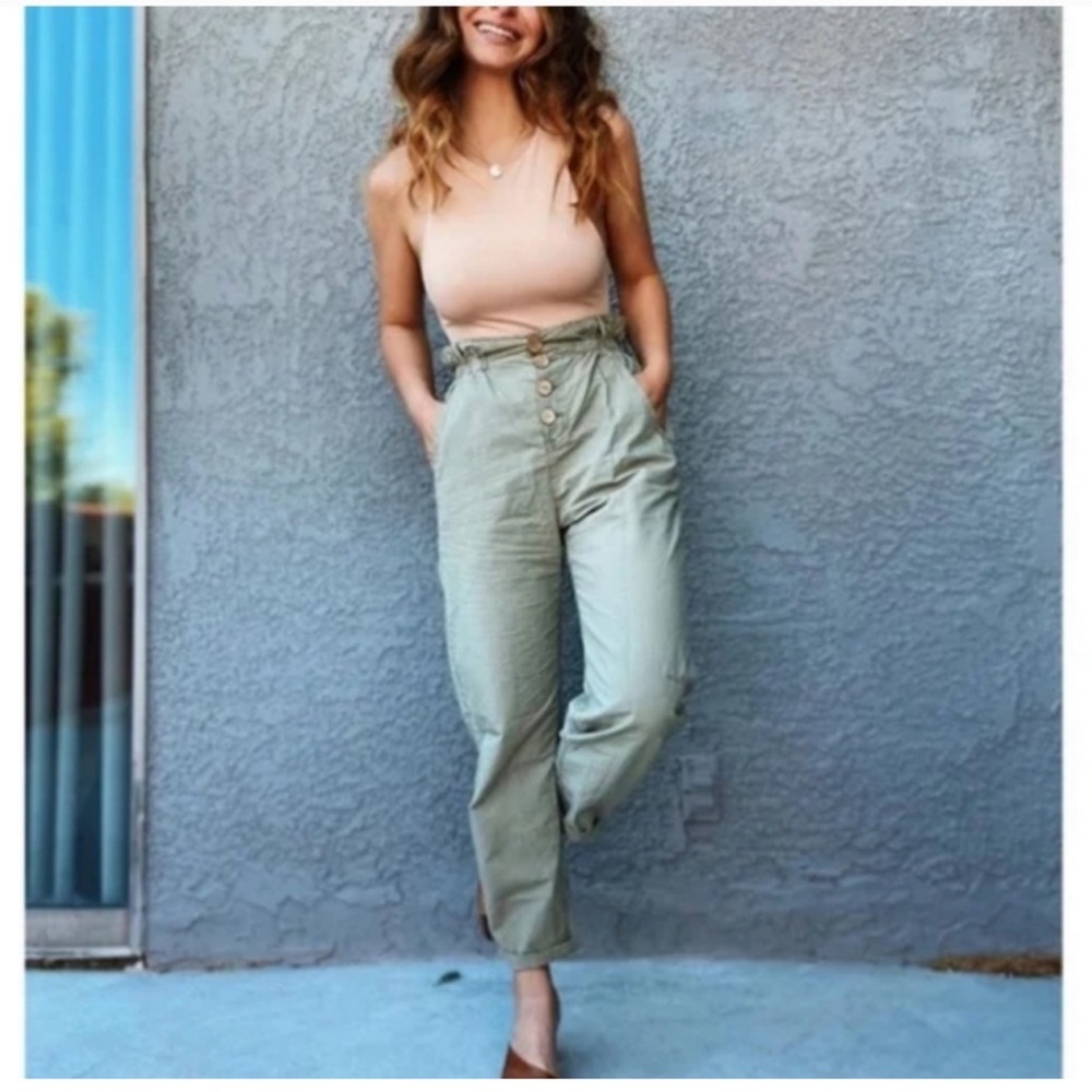 Zara high-waisted paperbag pants button fly sage green women’s 6